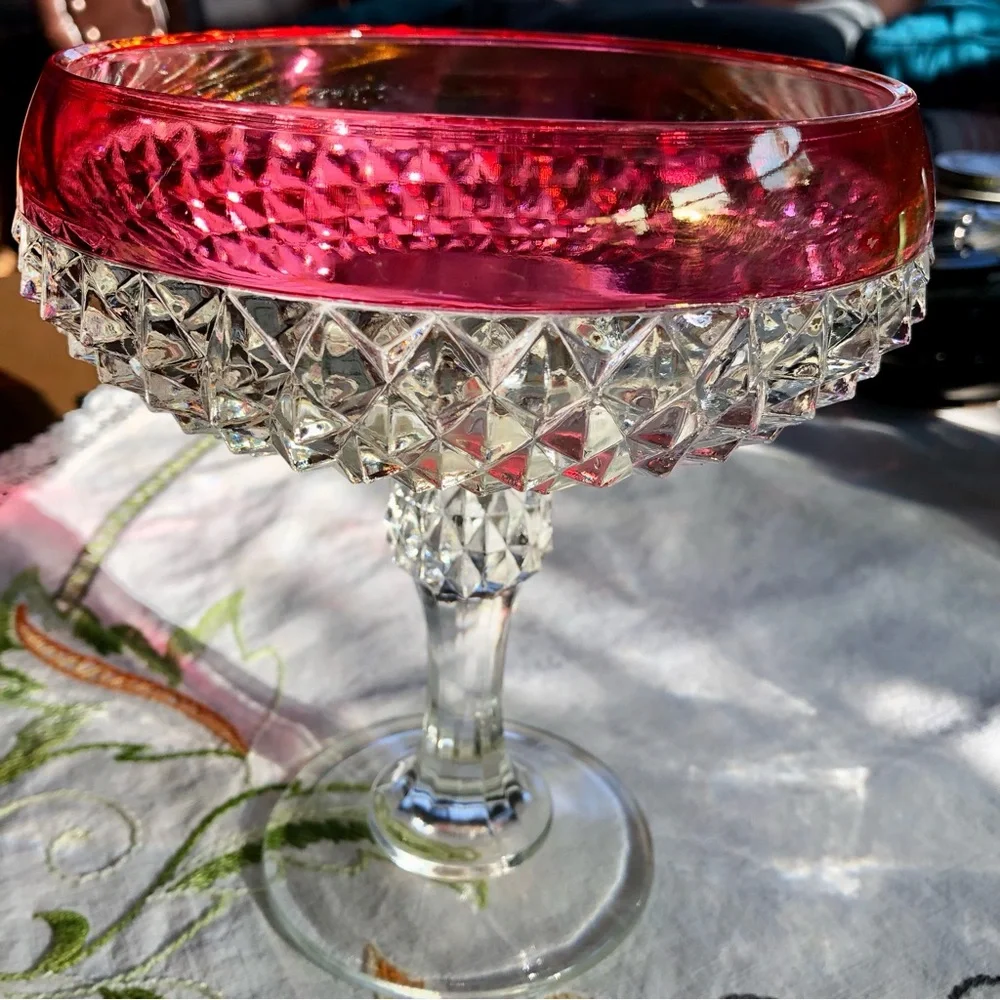Vintage Indiana Glass Diamond Cut Pedestal Compote Dish. Ruby Flashing. 7.5